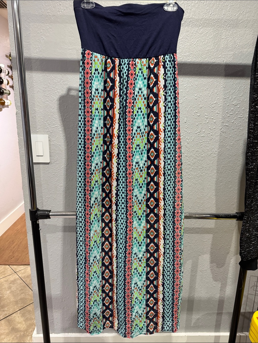 Navy Strapless Maxi Skirt with Multicolor Geometric Print